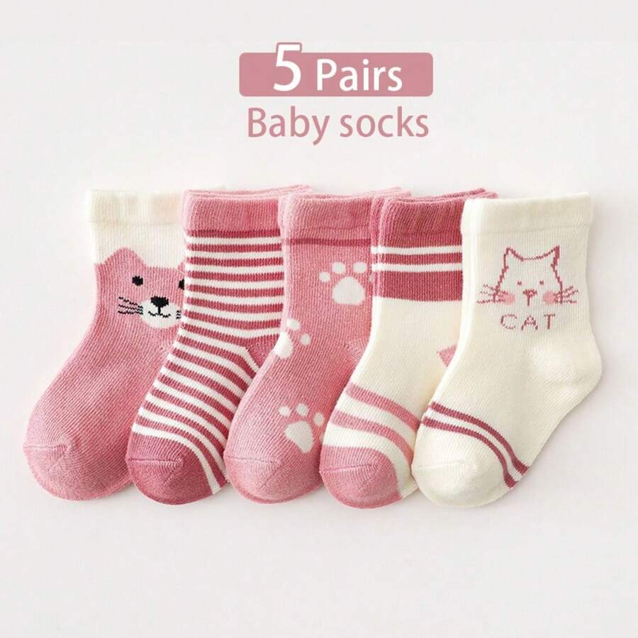 5双装女婴可爱猫爪条纹印花短袜，柔软透气，粉色卡通动物图案，适合幼儿日常穿着 - 西瓜粉 - 查看 1