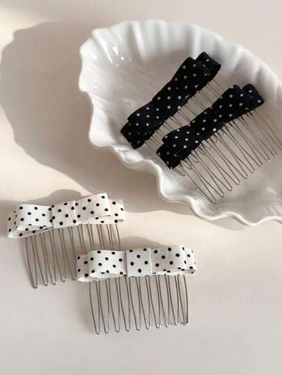 1pc Girl Spring And Summer Sweet Simple Black And White Polka Dot Bow Hair Comb Inverted Hair Comb Accessory Suitable For Everyday Matching