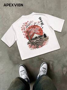 Japanese Ukiyo-E Mount & Cherry Blossom Print Short Sleeve T-Shirt, New Loose Casual Summer Top - White - View 3