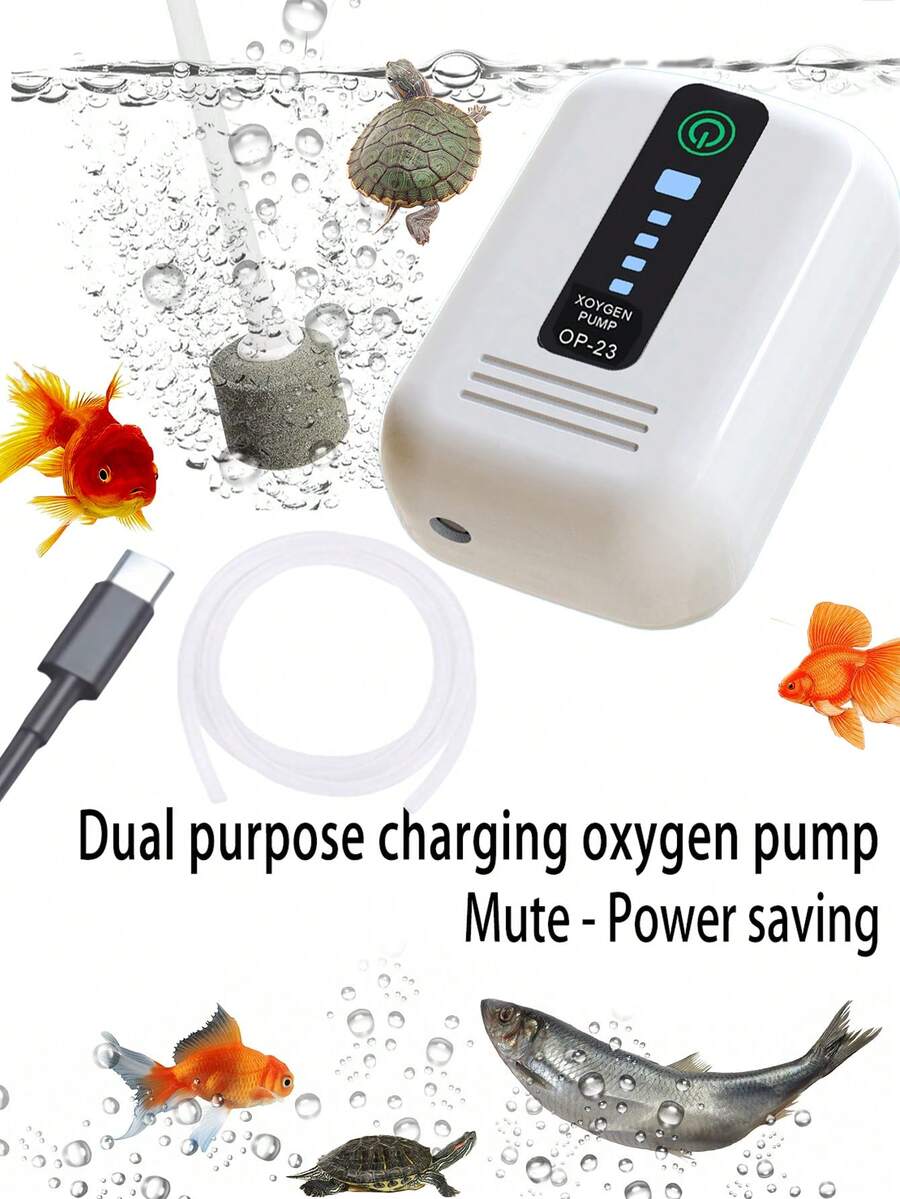 便携式USB氧气泵，可充电两用超静音迷你鱼缸泵，适用于小型水族箱或龟缸增氧，内置锂电池，适用于鱼缸、水族箱、户外钓鱼配件