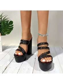 lunryet Womens Natia Open Square Toe Block Heel Dress Sandals - Black - View 5