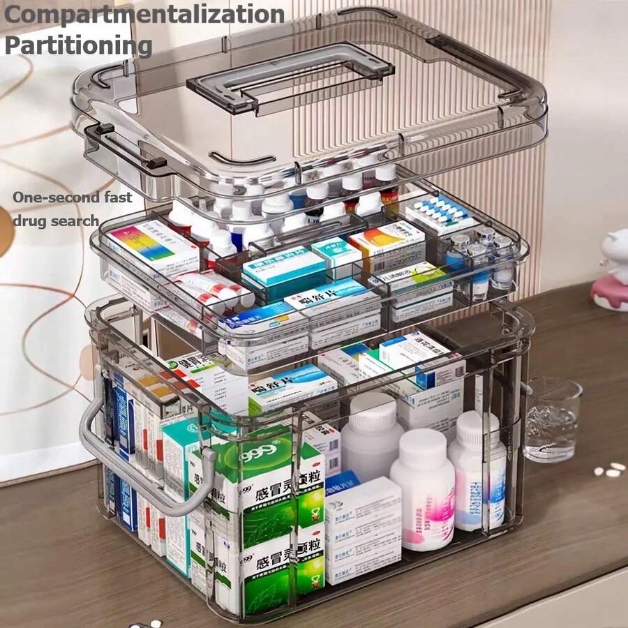 Transparent First Aid Box, Made Of Durable Plastic With Clear Lid And Internal Compartments, Designed To Organize Disinfectants, Gauze, Tweezers And Other Medical Essentials, Suitable For Home Or Travel - Grey - View 1