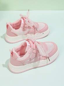 1 Pair Kids' New Fashion Breathable Mesh Soft Bottom PU Hook And Loop Design Cute Outdoor Running Flat Sports Shoes, Suitable For All Seasons - Pink - View 6