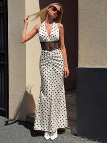 女士优雅复古波点深V领连衣裙 - 蕾丝腰部拼接，前幅褶皱设计，修身剪裁，适合度假、海滩、旅行、婚礼宾客、复古派对、郊游、毕业派对以及春夏日常穿着。 - 白色 - 查看 3