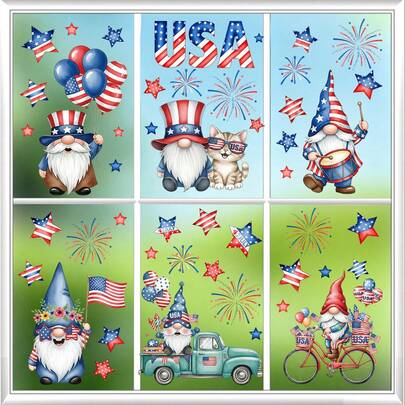 1 Set Of 9 Pcs Independence Day Patriotic Gnome Window Clings, Includes Star, Firework, Balloon, Bicycle, Car Patterns, July 4th Decorative Stickers, Suitable For Balcony Glass, Doors, Windows, Home & Room Decor