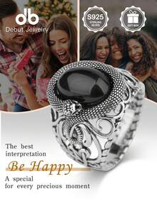 1pc S925 Silver Snake Ring With Black Agate, Vintage Gothic Style Hollow Floral Design Ring, Suitable For Daily Wear, Party, Gift For Boyfriend, Comes With Gift Box - Snake-shaped Black Agate - View 7