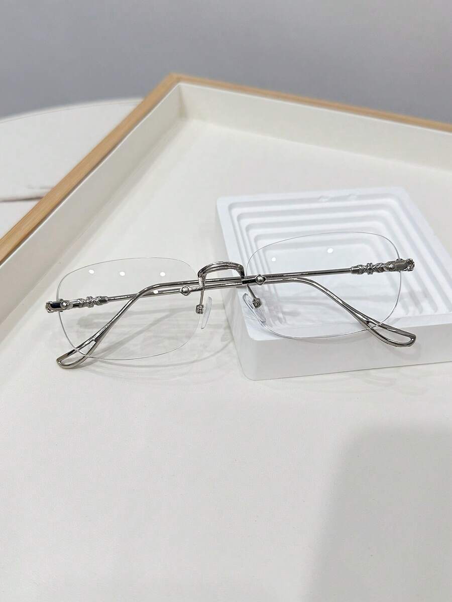 1pc Men's Casual Retro Square Frameless Silver Fashion Eyeglasses, Suitable For Daily Wear And Street Photography