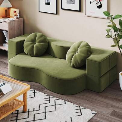 67'' Folding Boneless Sofa Bed 2 Seater Small Floor Mattress Convertible Sleeper Sofa Loveseat Futon Couch With 2 Pillows Living Room Bedroom Green