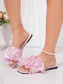 Women's Pleated Ruffle Open Toe Comfortable Versatile Square Toe Flat Sandals, Pink, Spring/Summer, Suitable For Outdoor, Party,Beach Outfits - Baby Pink - View 4
