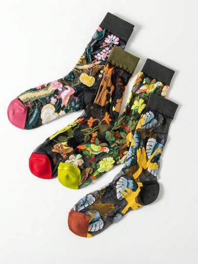 女士夏季艺术花卉动物印花薄款中筒袜（1/4双装）