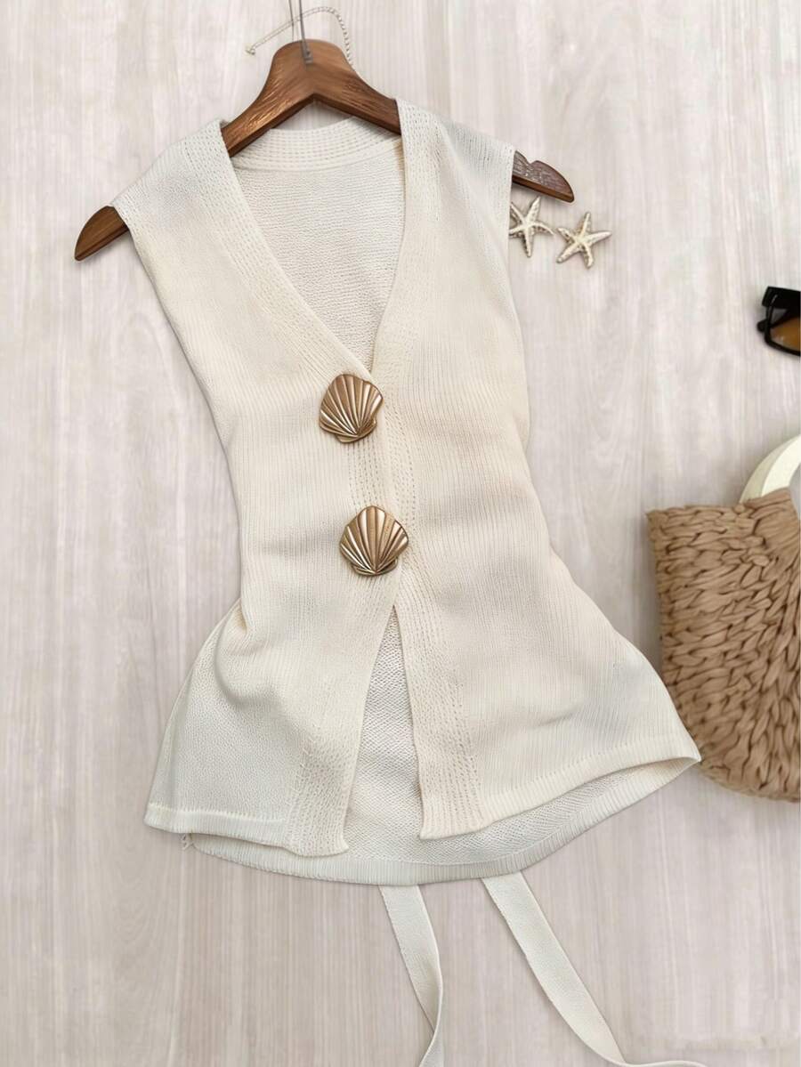 1pc Women V-Neck Sleeveless Knit Vest, Ivory Color Shell Button Waist Slimming, French Gentle Style, Versatile For Daily Wear & Dates, Short Layering Top - Apricot - View 1
