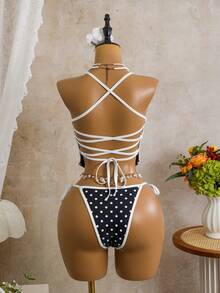 Bộ bikini tankini hở lưng gợi cảm dành cho nữ, họa tiết kẻ sọc và chấm bi, áo crop top không tay, thích hợp cho kỳ nghỉ hè ở bãi biển, tiệc tùng lễ hội âm nhạc, trang phục đi biển phong cách bohemian mùa xuân/hè màu đen. - màu đen - Xem 9