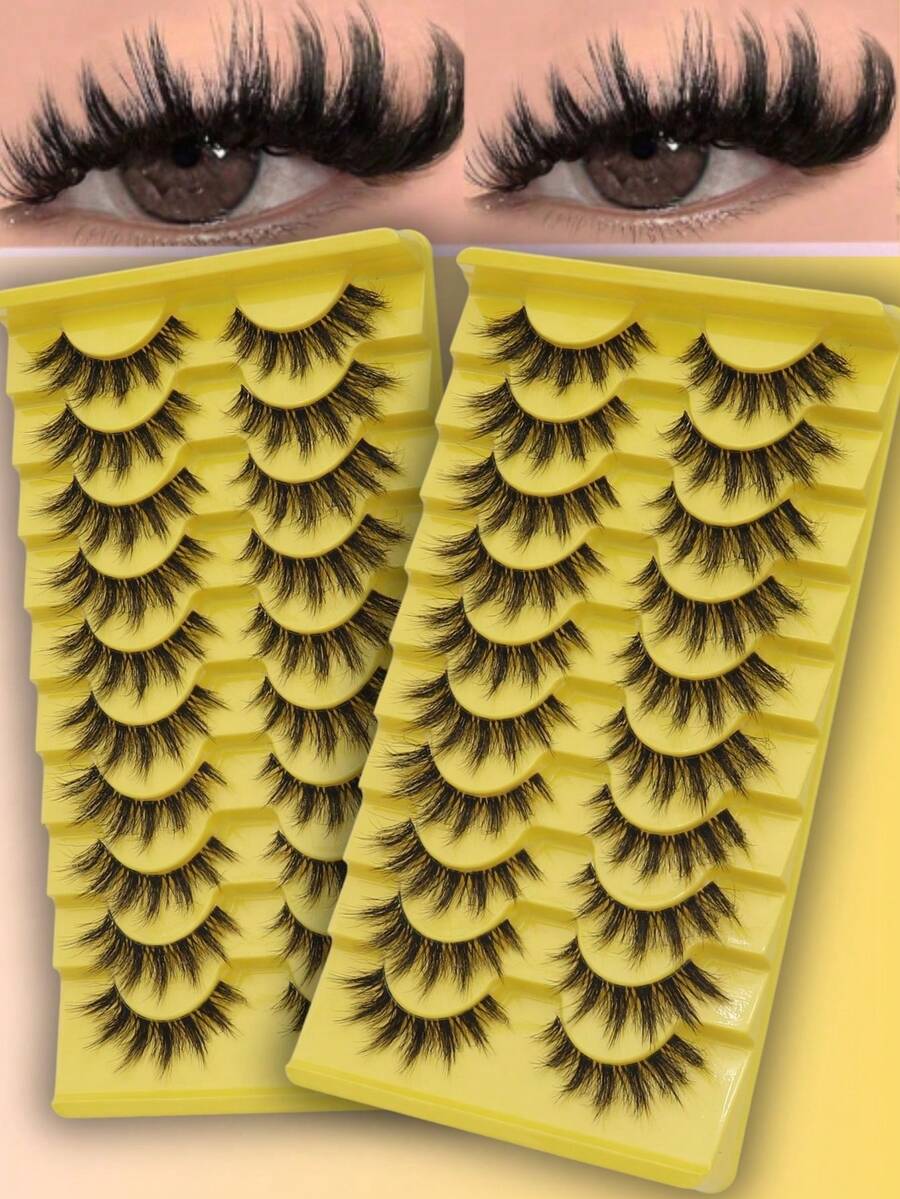 Fengxiu Eyelash 10对D卷翘尖刺假睫毛，黄色包装，蓬松轻盈仿貂毛假睫毛，卷翘尖刺尾部，柔软可重复使用，打造精致自然的美睫效果，嫁接后的效果逼真，仿貂毛材质，透明梗，Y2K风格，3D蓬松长款猫眼，自然浓密睫毛嫁接
