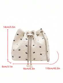 1pc White Bow Embossed Mini Bucket Bag, Pearl Chain Drawstring Crossbody Bag, Elegant & Cute Ladies Daily, Date, Party Shoulder Bag - Black - View 3