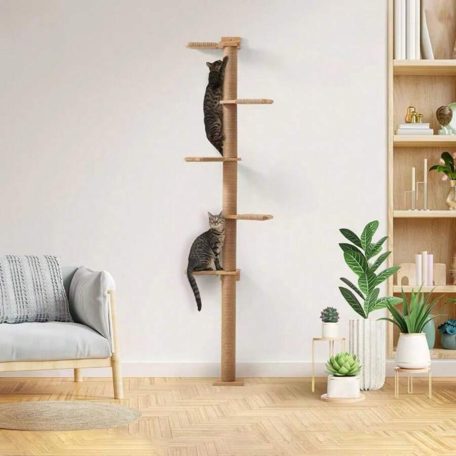 Freestanding Cat Tree With Scratching Post, Cat Tower Condo, Sisal-Covered Cat Climbing Pole, Space-Saving Design - Apricot - View 1