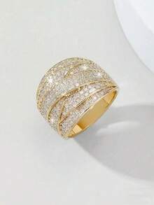 1 pieza Anillo de lujo de moda casual de alta gama con línea ancha cruzada y multicapa de circonita cúbica, adecuado para fiestas, uso diario y como regalo - Líneas anchas que se cruzan - Ver 12