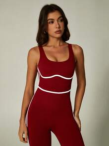 NcmRyu 1pc Women Striped Contrast Color Round Neck Jumpsuit Sports - Red - View 5