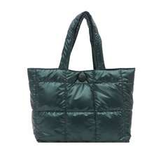 金属质感绗缝手提包，蓬松云朵设计，小众通勤托特包，时尚菱格纹绗缝托特包，亮面PU皮革冬季保暖手提包，轻便多功能单肩包 - A - 查看 5