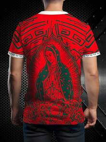 Men's Red Background Guadalupe Virgin Mary Totem & Mexico National Emblem Print Short Sleeve Casual Sports Tee, Mexican Religious Vibe Essential For Summer - White - View 2
