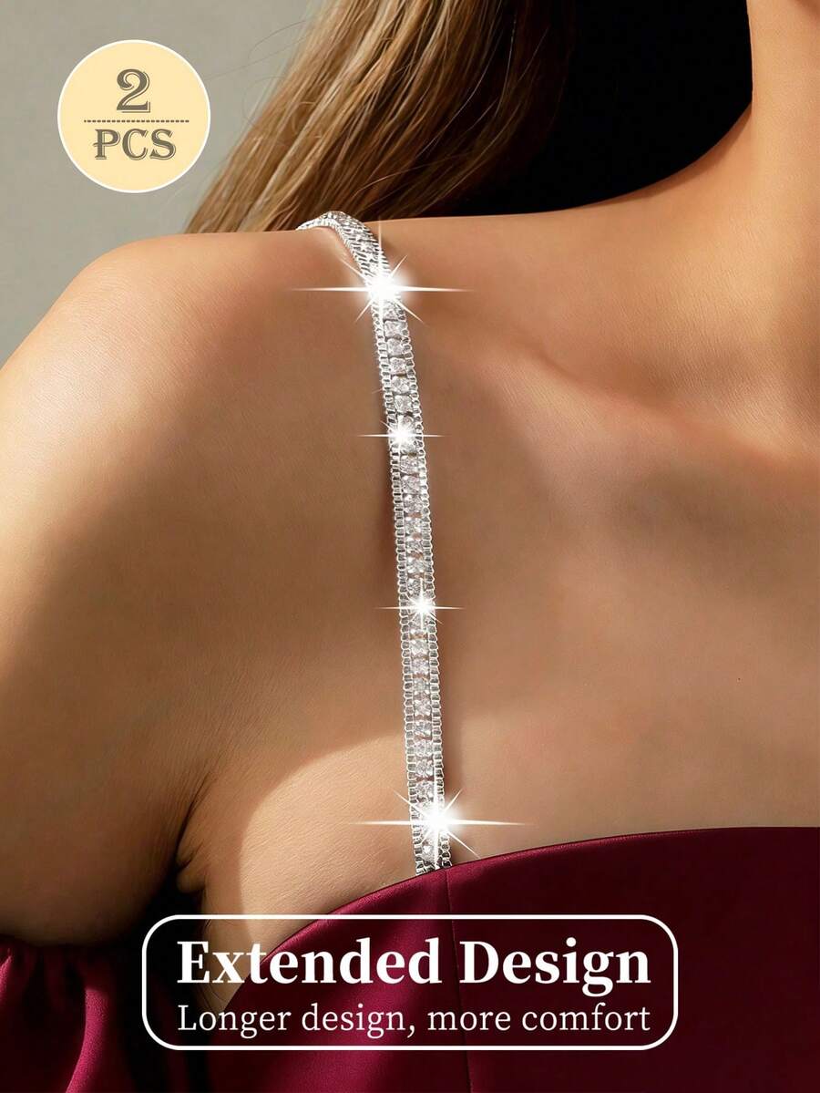 2pcs Sparkling Crystal Bra Straps, Adjustable Rhinestone Metal Replacement Straps For Backless Bras And Party Dresses - Silver - View 1