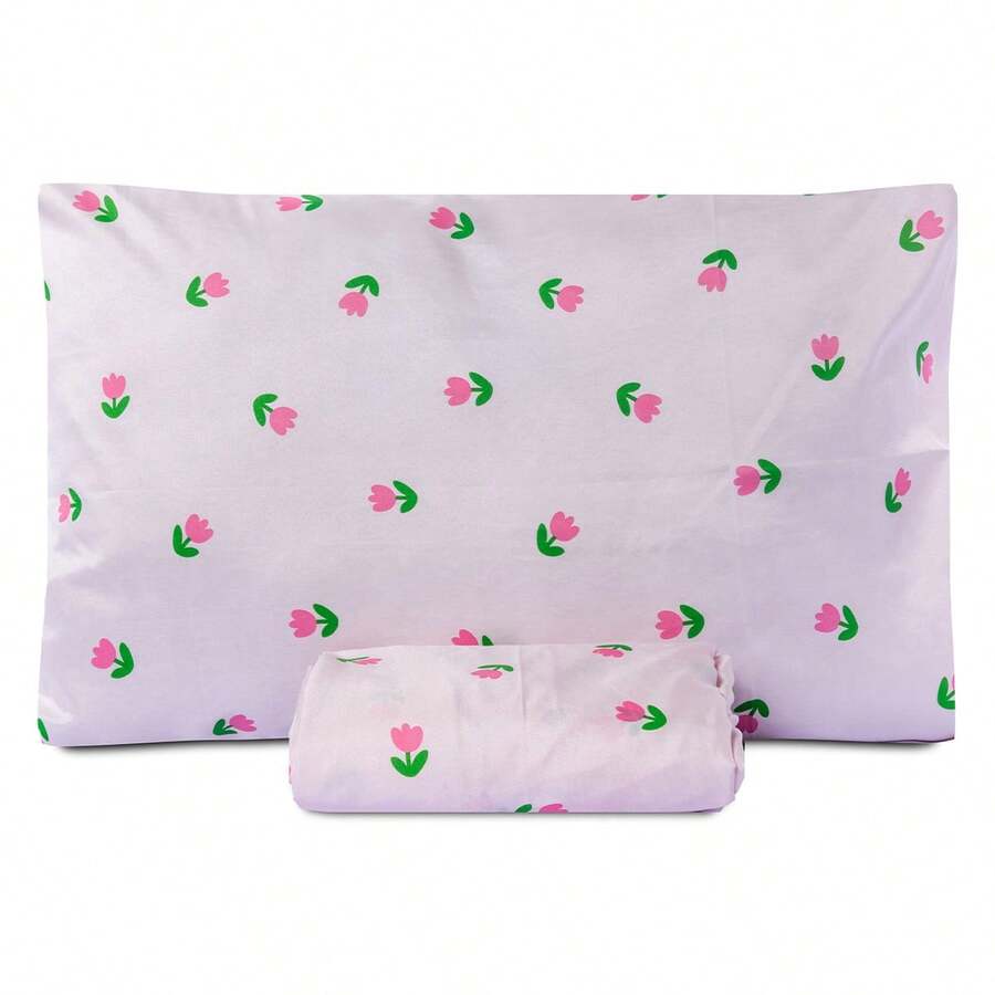 Single Bed Sheet Set 2 Pieces With Elastic Basic 180 Thread Count Printed - Pink Tulip - View 1
