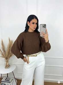 SELINE Women's Elegant Winter Blouse, Basic Knit. - 咖啡棕 - 查看 2