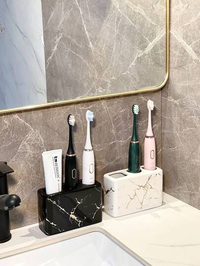 حامل فرشاة الأسنان السيراميكي ذو البنية الرخامية الذهبية - صندوق تخزين حمام مزخرف ب- 3 فتحات، قاعدة مقاومة للصدأ، مجموعة منظم معجون الأسنان وفرشاة الأسنان