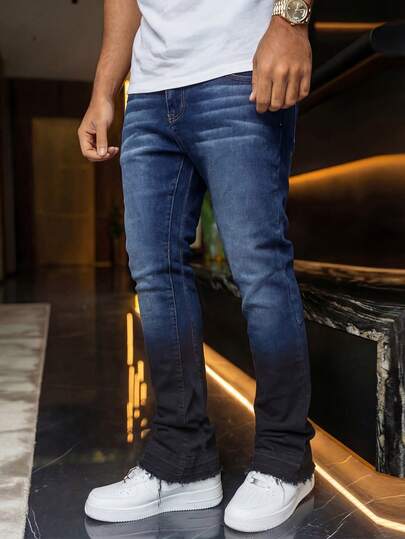 Men's Stretch Slim Fit Flared Jeans, Vintage Wash Ombre Dye Technique, Streetwear, Suitable For All Seasons