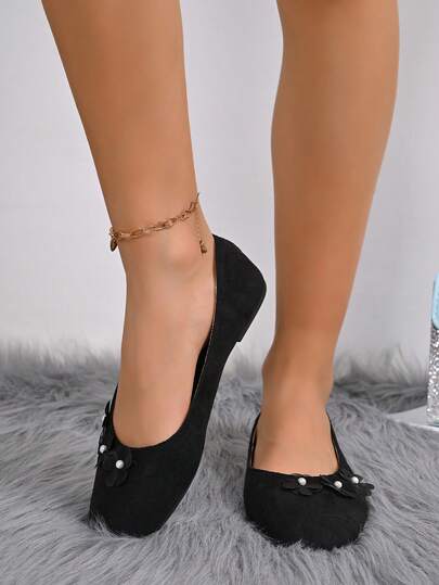 Zapatos slip-on con flores y perlas para mujeres, de gamuza suave y cómodos zapatos casuales, con decoración delicada de malla, flores y perlas, diseño de punta redonda que se ajusta bien a los pies, suela plana y suave adecuada para ir al trabajo, citas, uso diario, combina bien con vestidos y faldas