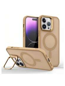 Luxury Semi-Transparent Matte Acrylic Magnetic Stand Phone Case With Wireless Charging For IPhone 16 15 14 13 12 11 Pro Max Plus, Skin-Friendly Metal Lens Stand, Shock-Proof Protective Cover - Gold - View 2