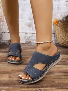 高品质铆钉交叉厚底拖鞋，优雅度假时尚沙滩波西米亚风休闲性感花卉坡跟凉鞋，女士夏季 - 藏蓝色 - 查看 6