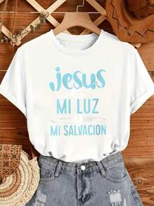 Camiseta de Mujer Estampada con Diseño Religioso Jesus es mi luz y mi salvación.Prenda Casual y Cómoda con Mensaje Inspirador. - Blanco - Ver 5