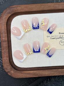 10片装Y2K风管状美甲贴片套装 - 手工制作，粉色美甲，蓝色美甲，蓝黄法式美甲，手工3D花朵美甲，3D黄色花朵美甲，手绘蓝色波点美甲设计，可爱美甲。精致优雅美甲 - 彩色 - 查看 12