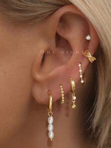 6件套优雅珍珠单耳钉套装，简约时尚，适合女性约会、派对、日常通勤等场合。 - 金黃色 - 查看 1