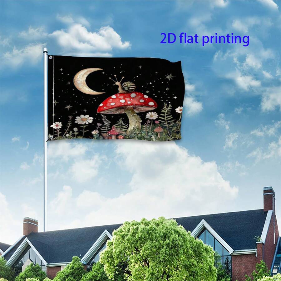 2D Flat, 2D Printed Garden Flag &Lt; Snail On A Mushroom Moonlight &Gt; . Simple Display, Suitable For College Dormitories And Outdoor Gatherings, A Perfect Choice For Outdoor Environments, And An Excellent Gift For Both Men And Women. Dimensions: 2x3/3x5 Feet. Garden Decoration, Outdoor Decoration, Natural Theme, Fantasy Design, Durable Materials, Printed Banner, For College Students - 72x48英寸 - 查看 1