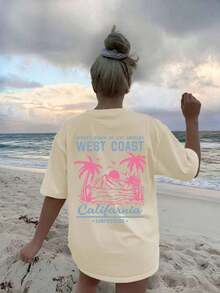 Summer Tops Mother's DayWomen's New Summer Casual Round Neck Short Sleeve T-Shirt, Simple Versatile Palm Tree Slogan Print, Suitable For Daily Wear. Graphic Tee, Women's T-Shirt Top Vacation.Loose And Comfortablesummer Clothes Easter - 粉色 - 查看 11