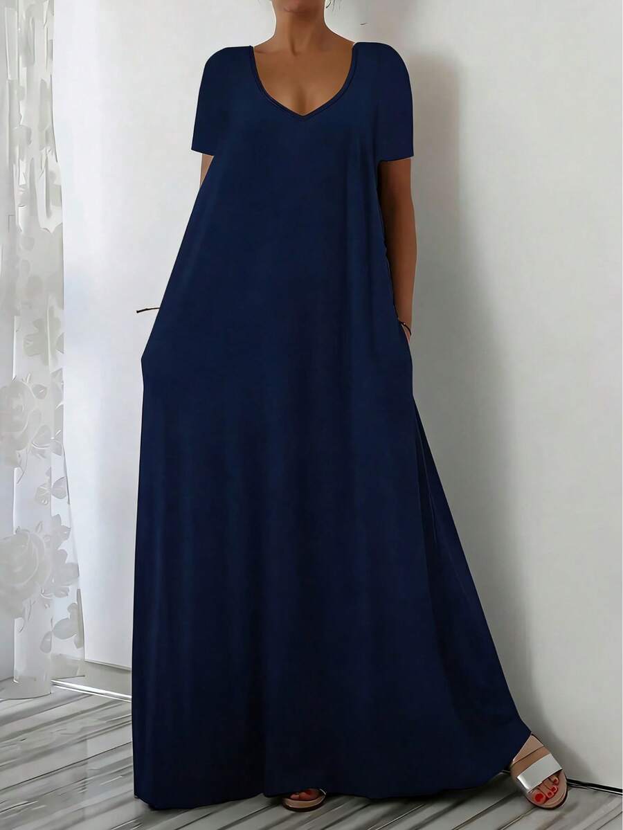 Gaun Ukuran Besar Gaya Eropa dan Amerika Terbaru untuk Musim Panas, Kasual Longgar Sehari-hari, Lengan Pendek Polos, Leher V, Pas Badan, Elegan - Navy Blue - View 1