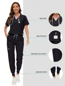 Scrubs Women Nursing Beauty SPA Scrubs Pet Clinic Store Veterinary Dentistry Work Clothes Set High-Quality Nurse Scrub Spring Black - trắng - Xem 1