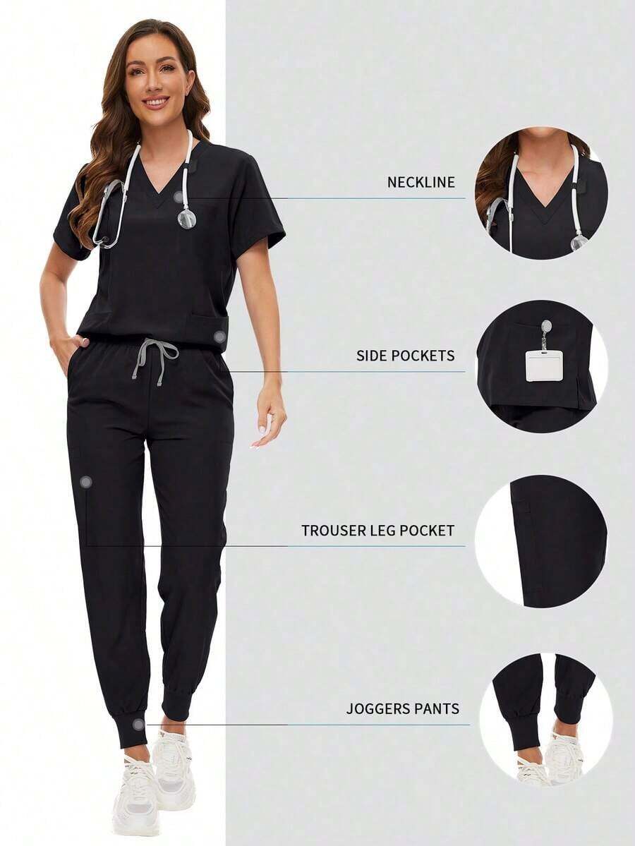 Scrubs Women Nursing Beauty SPA Scrubs Pet Clinic Store Veterinary Dentistry Work Clothes Set High-Quality Nurse Scrub Spring Black - trắng - Xem 1