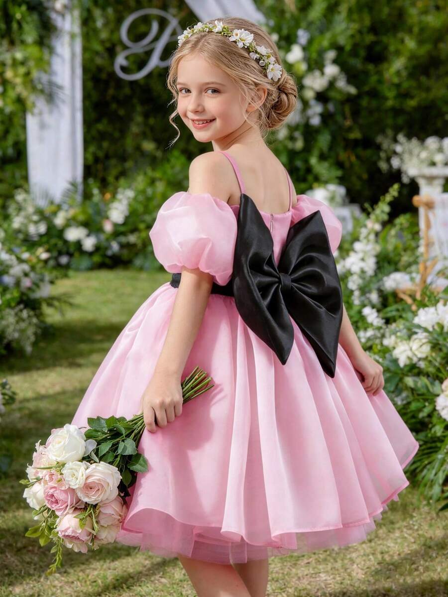 少女优雅蝴蝶结吊带花童连衣裙，薄纱公主礼服，适合作为生日礼物，宴会，舞会，派对，学校表演，特殊场合，节日庆典 - 粉色 - 查看 1