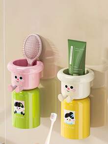1/2 piezas Soporte de pared para cepillo de dientes, taza de enjuague magnética invertida, soporte de taza de enjuague con diseño de dibujos animados, estante de almacenamiento de cepillo de dientes montado en la pared, organizador de tocador de baño ahorra espacio para pasta de dientes y cepillo de dientes - Multicolor - Ver 2