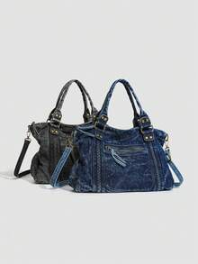 New Vintage Washed Leather Tote Bag, Large Capacity Handbag & Shoulder Bag For Women - Black - View 7