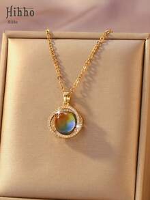 Hihho 1 pieza Collar con colgante de gema ombre de lujo, diseños de colgantes geométricos múltiples disponibles, joyería elegante para uso diario - Dorado - Ver 11