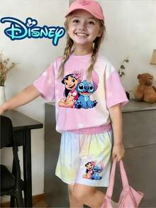 Disney Collaboration Collection, Lilo & Stitch Print Set, Gradient Color Set, Starry Sky  Print Set, Casual Sports Top And Shorts Set, Suitable For Children Ages 4–12, Holiday Gifts, Birthday Gift Sets, Y2K Street Style.D-I-S-N-E-Y Outfits Women.D-I-S-N-E-Y Tshirt.D-I-S-N-E-Y Shirts.Tween Girl Clothes.Summer - Baby Pink - View 1