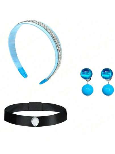 Bộ 3 món phụ kiện trang phục công chúa, bộ phụ kiện dành cho nữ, gồm vương miện công chúa, băng đô cài tóc, vòng cổ choker màu đen và bông tai màu xanh dương, thích hợp cho tiệc sinh nhật, đám cưới, lễ hội, trang phục cổ tích, Halloween.