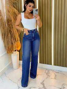 Pantalones vaqueros largos de mezclilla sin lavar para mujer, estilo casual, corte ancho y elástico. - Niebla azul - Ver 3