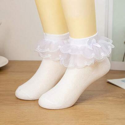 1 Pair Of Solid Color Lace Ballet Stockings For Girls, Cute Princess Style, Comfortable And Breathable Dance Stockings, Suitable For Ages 10-14.