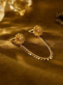 1枚可调节花朵链连接戒指，奢华铜镀金，适合女性婚礼派对配饰 - 金黃色 - 查看 4