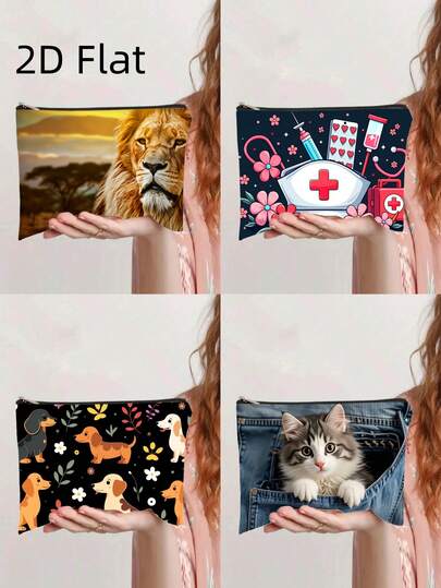 1pc Natural Pet & Medical Theme Printed Toiletry Bag, African Lion, Medical First Aid Kit, Countryside Dog & Denim Pocket Cat Pattern, Portable Travel Storage Pouch, Zipper Cosmetic Bag, Emergency Organizer