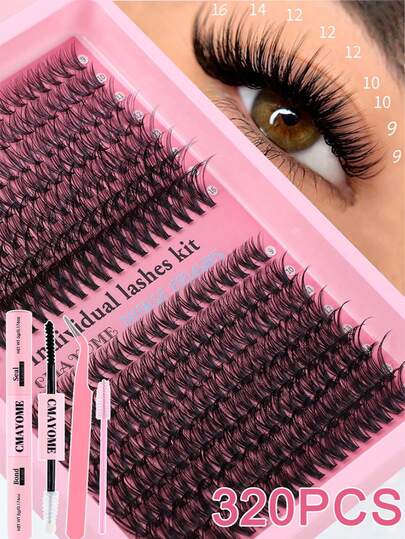 320PCS Individual Lash Clusters, 9-16mm Long Reusable False Eyelashes, 10D+20D/30D+40D/50D+60D Large Capacity D-Curl DIY Lash Clusters, Multi-Type Natural Look And Super Lightweight False Eyelashes Eyelash Extension Kit, Suitable For Daily Makeup, Cosplay, Festival And Travel Using